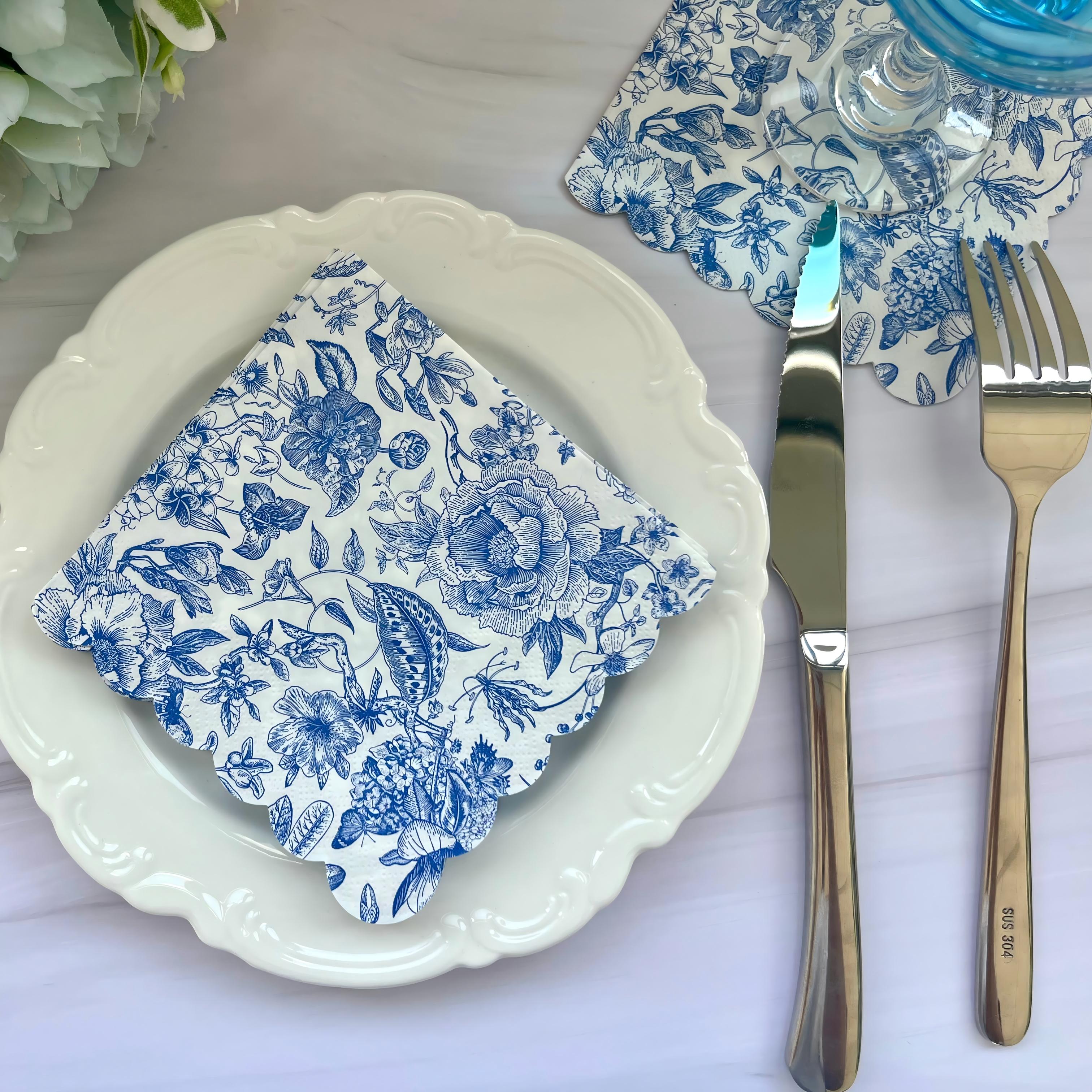 Blue Floral Paper Napkins Vintage Flower Lunch Napkins