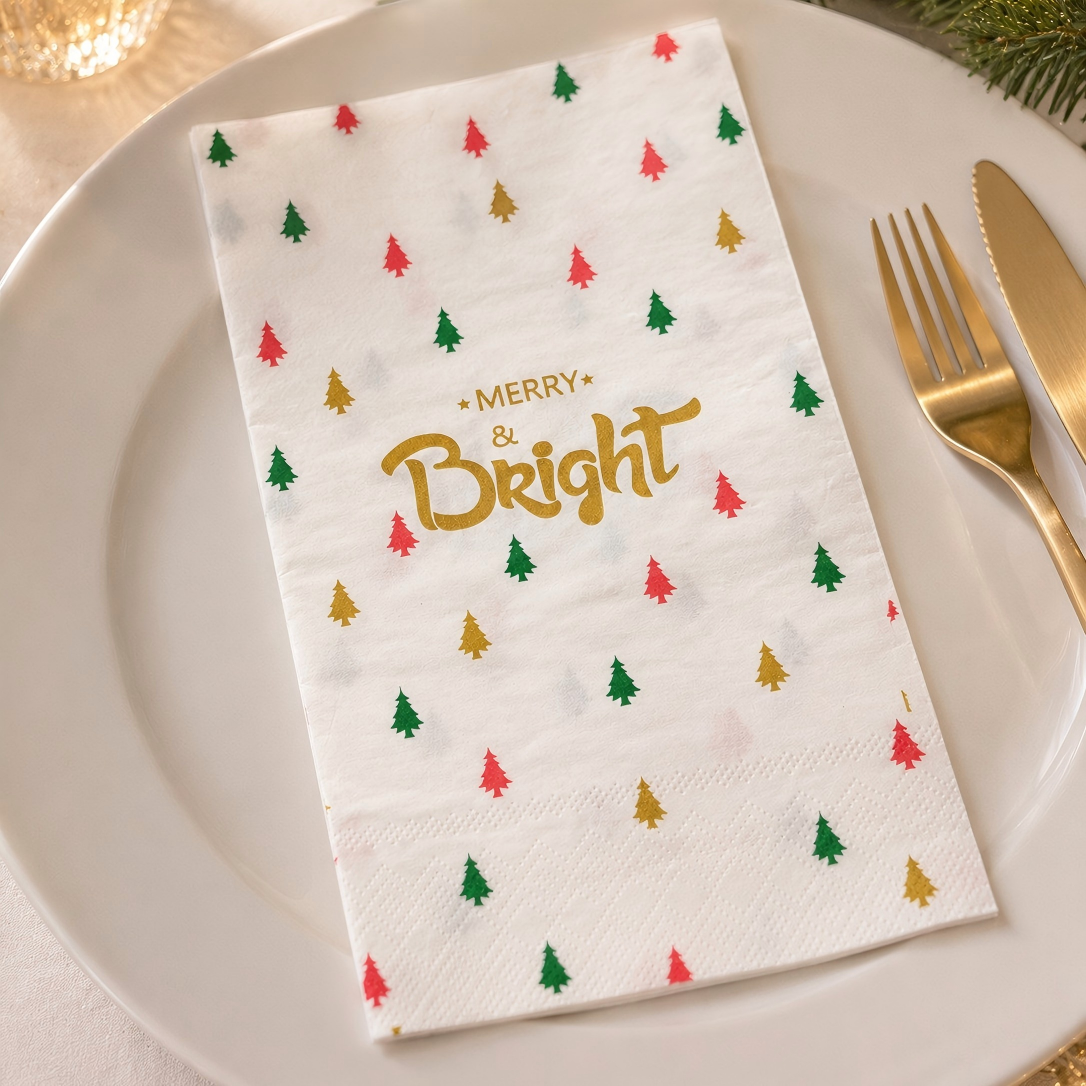 Merry & Bright Gold Printing Disposable Dinner Napkins for Xmas Party Table Setting
