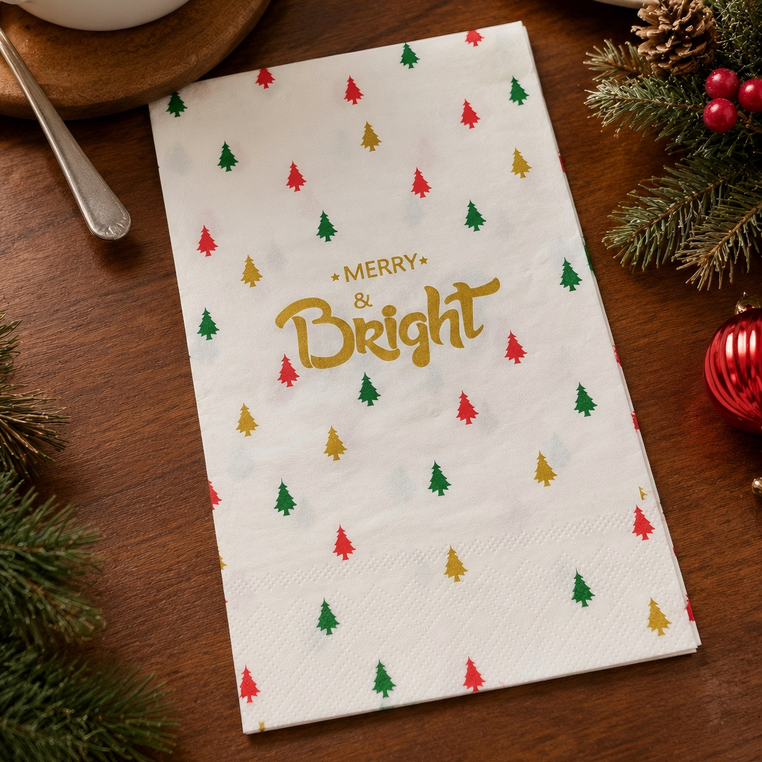 Merry & Bright Gold Printing Disposable Dinner Napkins for Xmas Party Table Setting