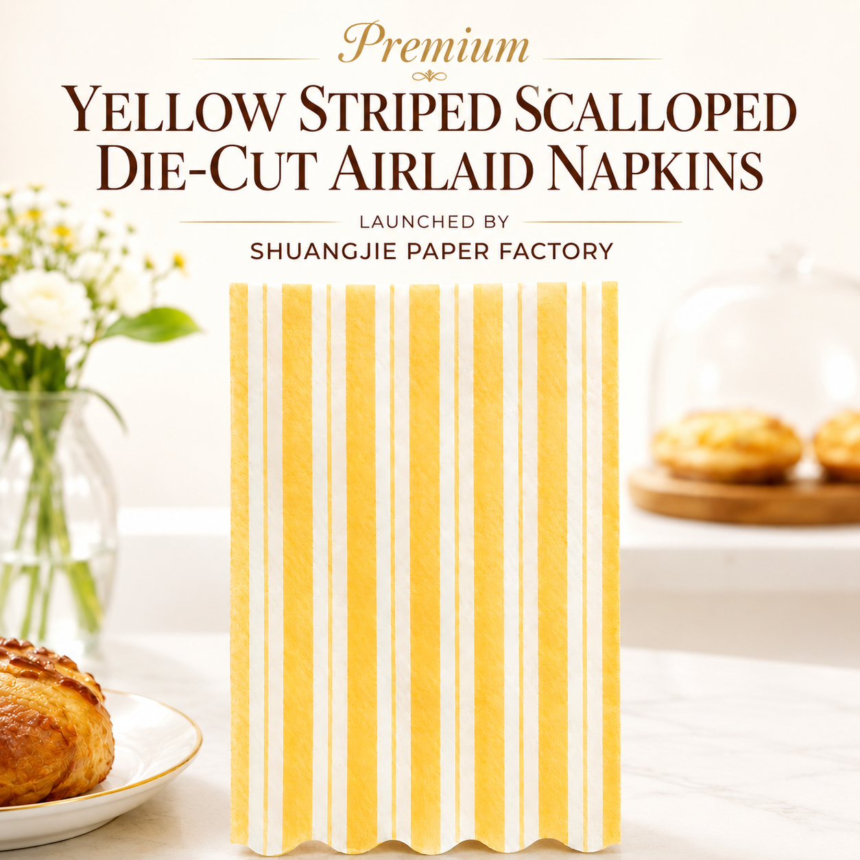 Premium Yellow Striped Scalloped Die-cut Airlaid Napkins Launched by Shuangjie Paper Factory