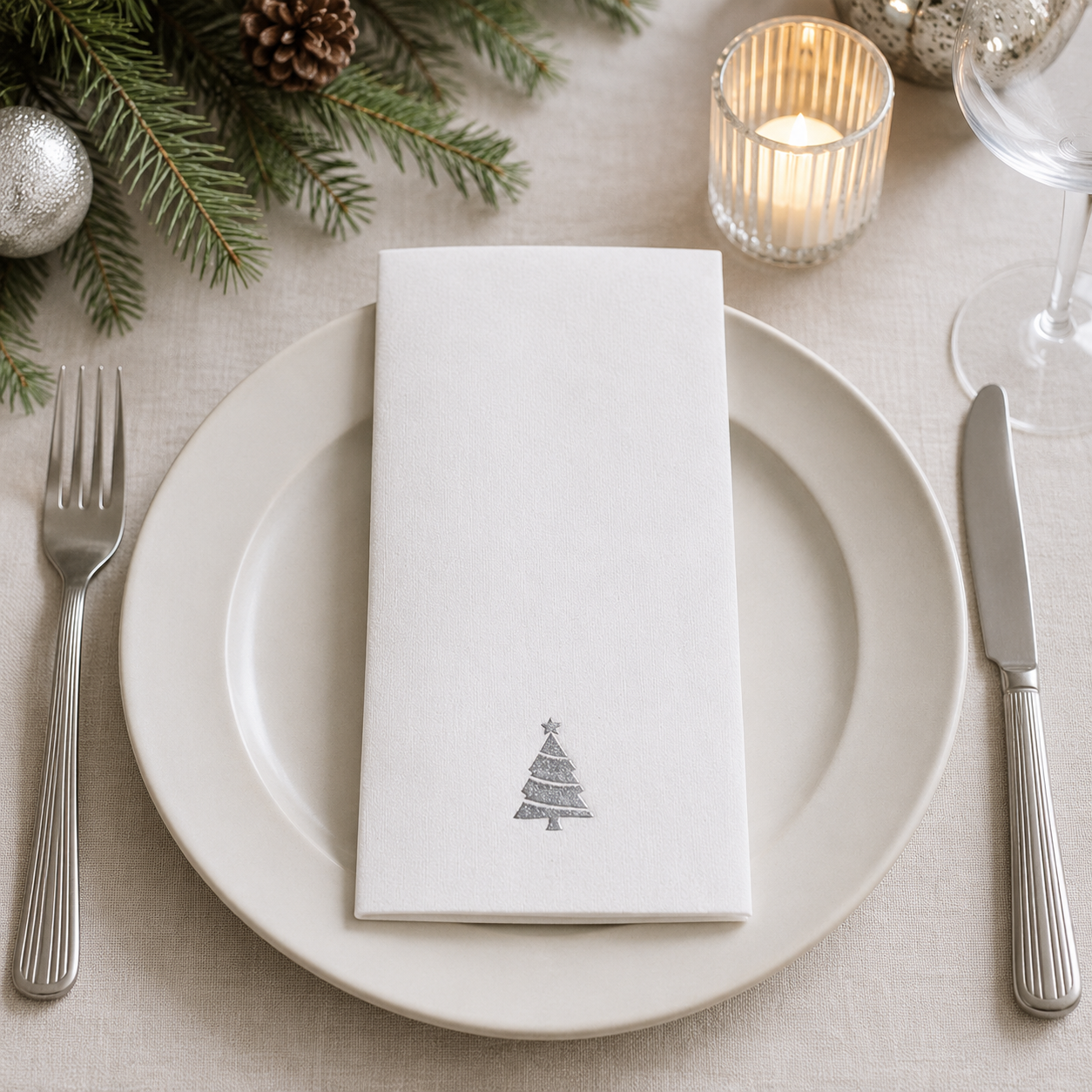 Thick Dinner Airlaid Napkins Silver Christmas Tree Hot Stamping