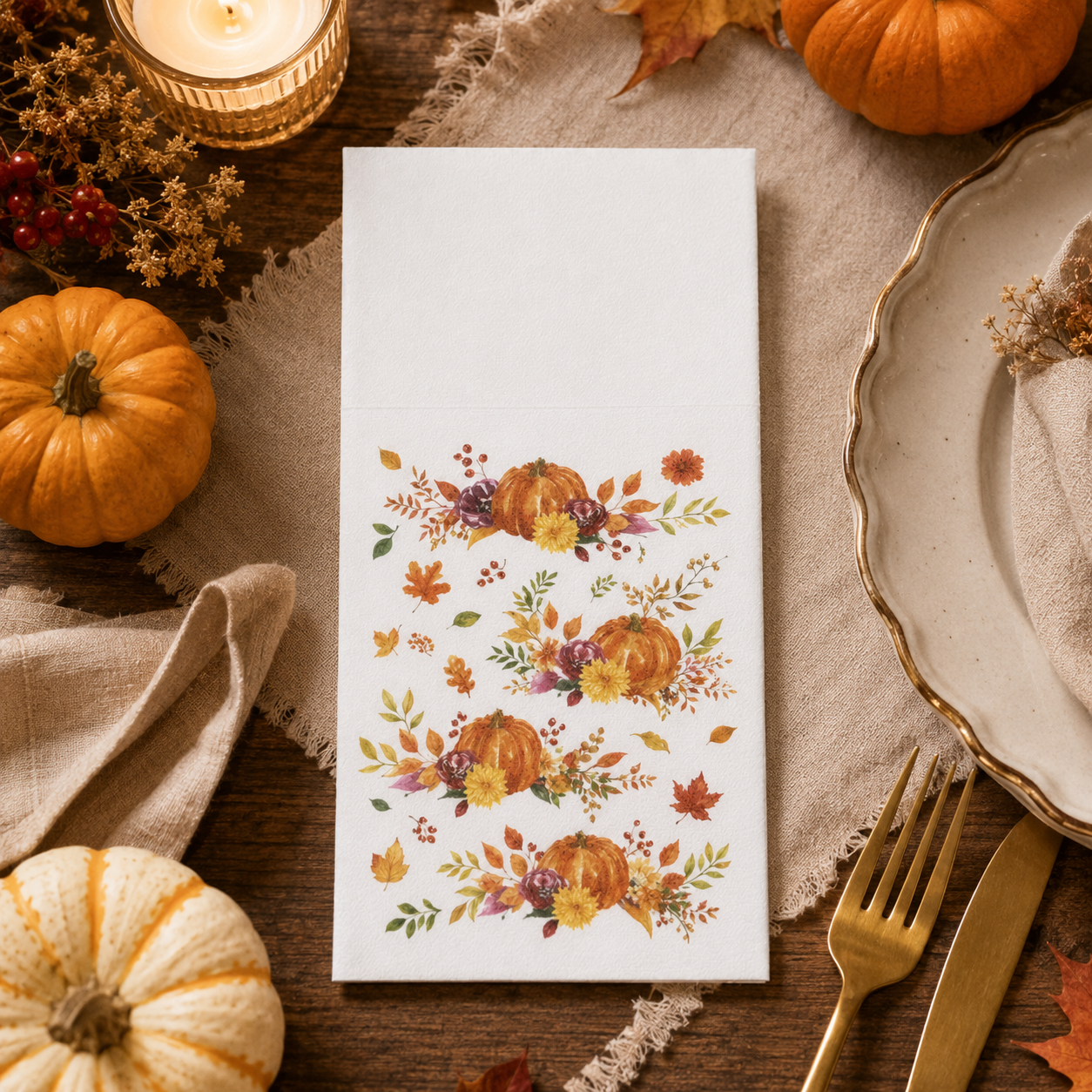 Autumn Harvest Printed Airlaid Napkins for Fall Table Setting