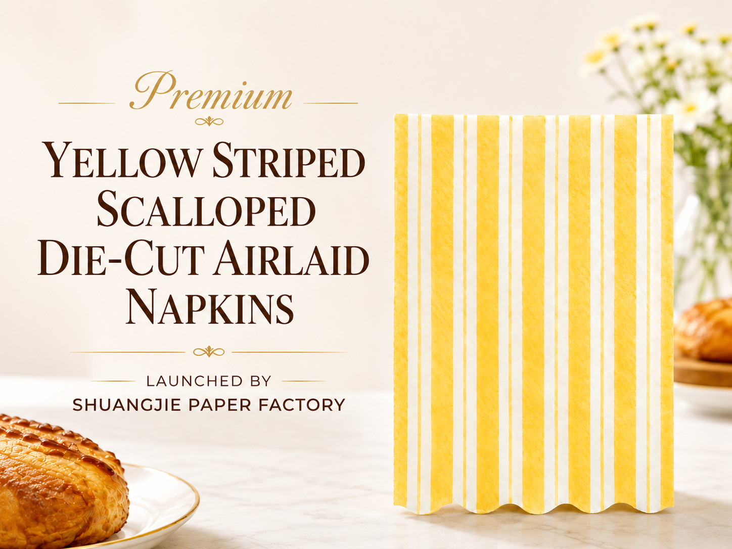 Premium Yellow Striped Scalloped Die-cut Airlaid Napkins Launched by Shuangjie Paper Factory