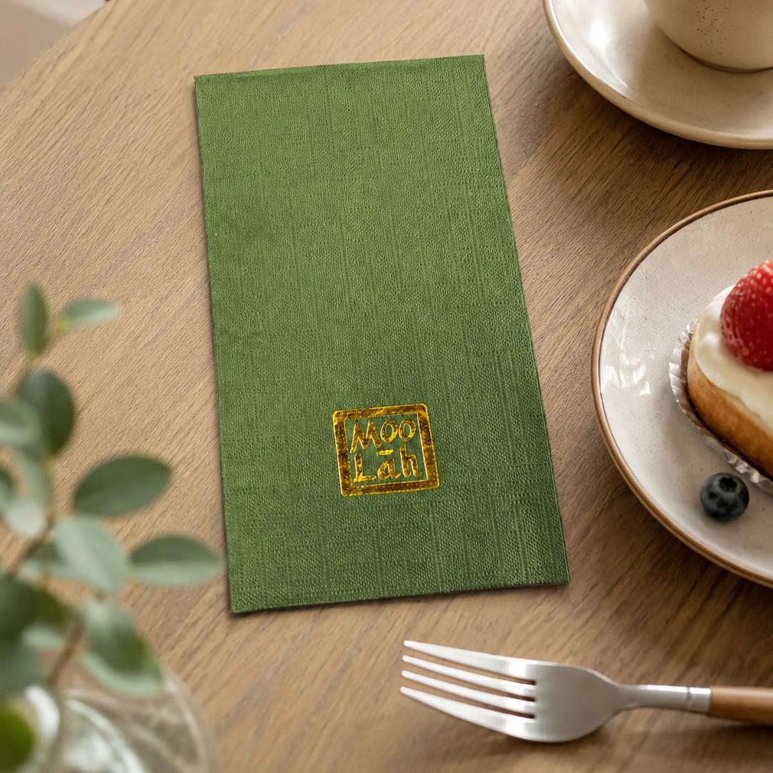 Green Airlaid Dinner Napkin With Custom Gold Stamped Logo For Restaurant
