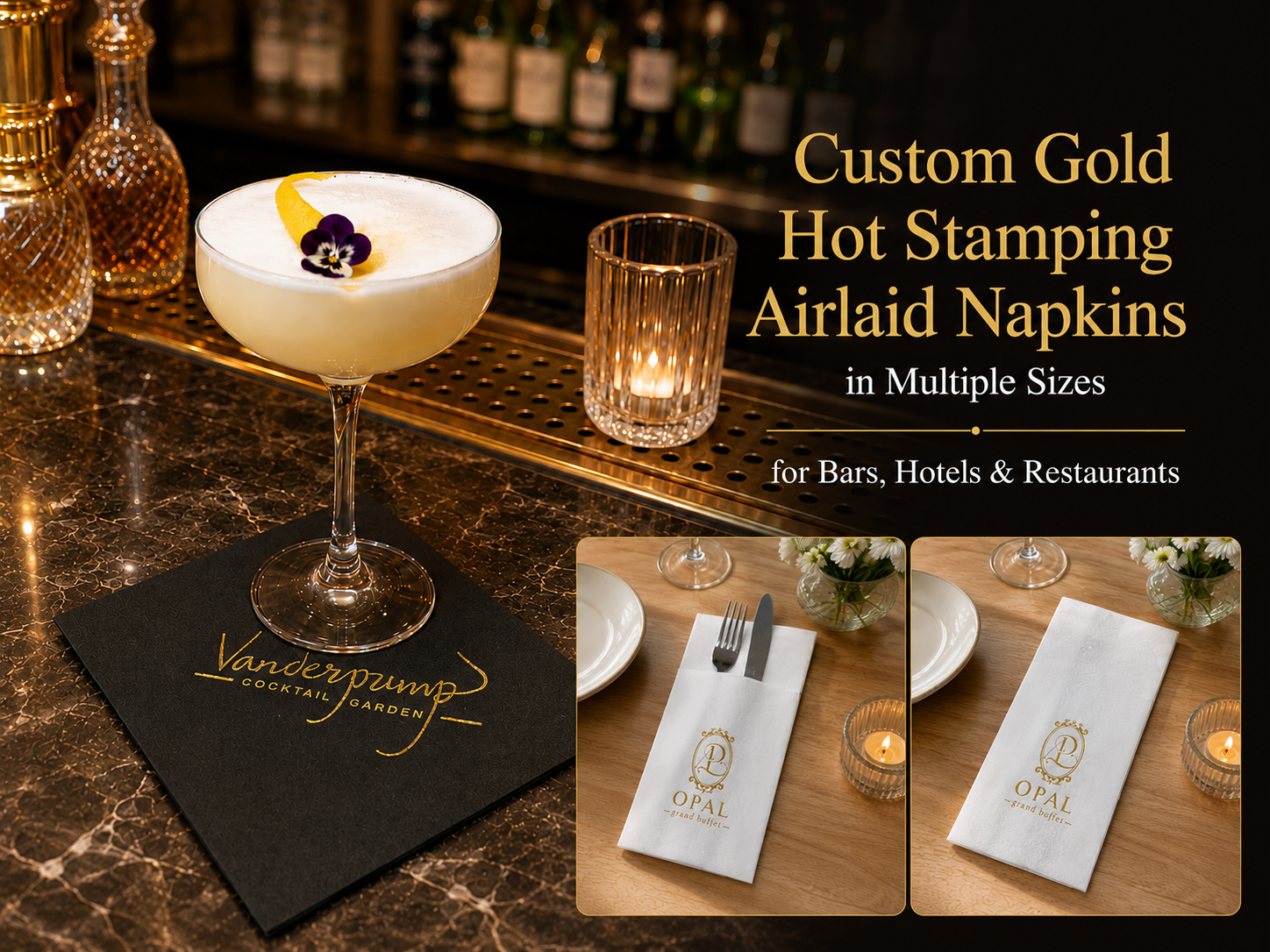 Custom Gold Hot Stamping Airlaid Napkins in Multiple Sizes for Bars, Hotels & Restaurants